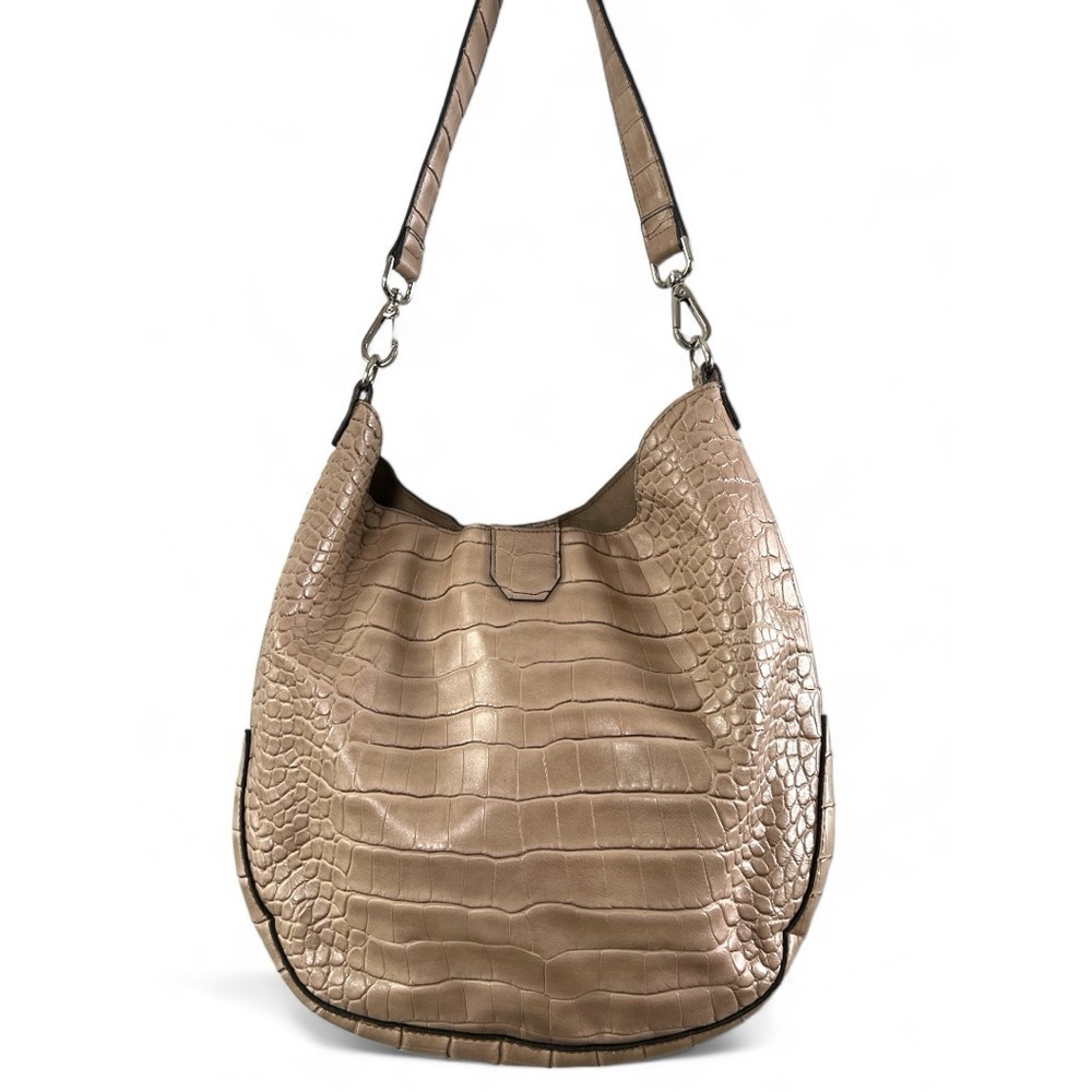 Boutique Tan Vegan Leather Croc Embossed Top Oversized Hobo Shoulder Bag
